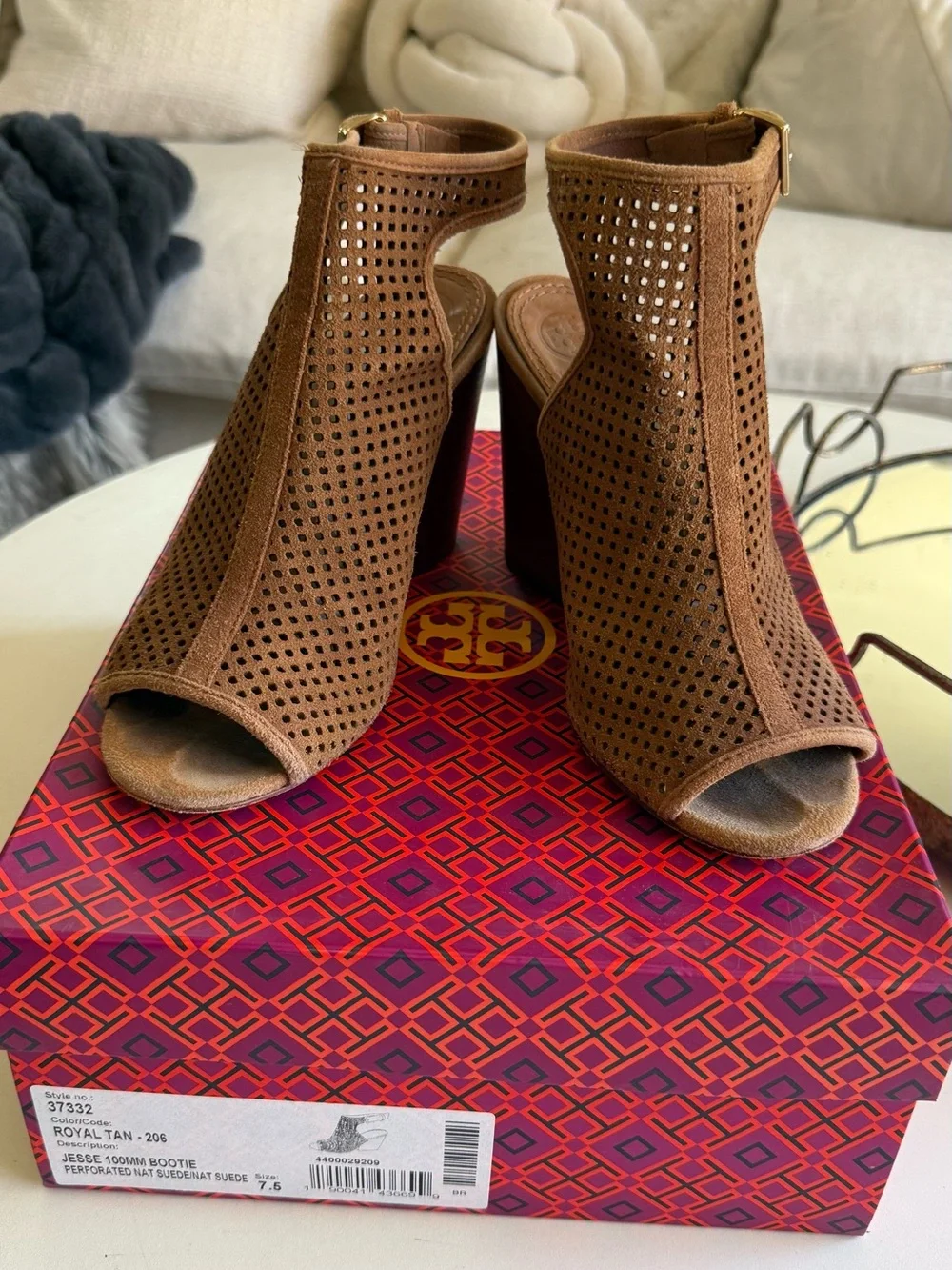 Tory Burch Brown Perforated Suede Peep-Toe Block Heel Booties